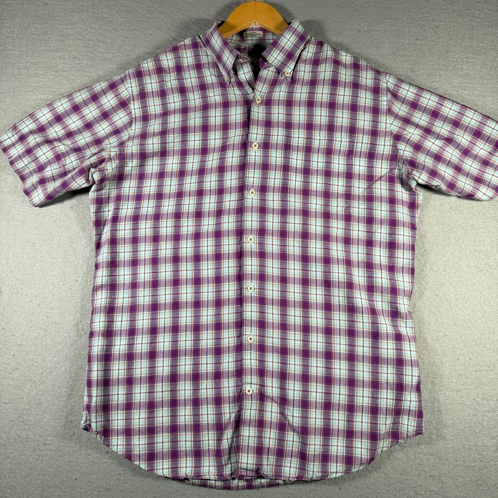 Peter Millar Men Purple Teal Plaid Linen Cotton Short Sleeve Button Down Shirt L